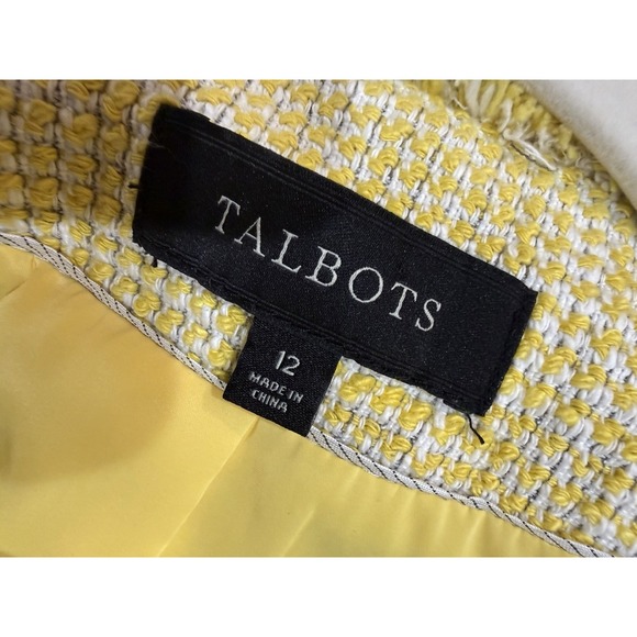 Talbots Yellow Tweed Jacket Women's Size 12 Fringe Trim Open Front Blazer - Picture 3 of 11